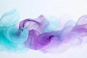 Generative AI : Translucent Pastel Purple and Light Turquoise smoke whiffs and swirls of aromatic colorful incense against white background