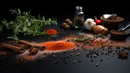 Photo Of a countertop with spices scattered , Generative Ai
