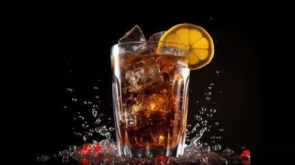 Photo of large glass of cola sprinkled with water lemon, Generative Ai