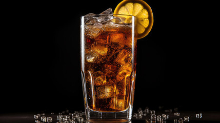 Photo of large glass of cola sprinkled with water lemon, Generative Ai