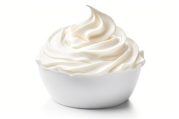 Closeup of soft vanilla creamy dessert. Delicious whipped cream on white background isolated