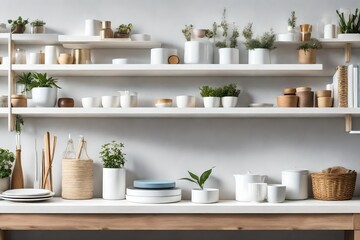 Fototapeta na wymiar white wooden shelf with assorted items 