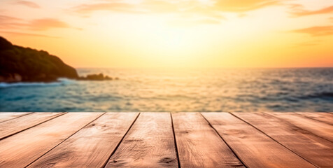 Empty wooden table for product display and product advertising with blurred sunset ocean background