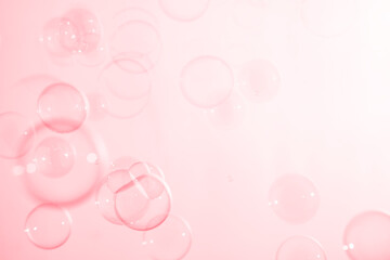 Refreshing of Soapsuds, Bubbles Water. Beautiful Transparent Pink Soap Bubbles Floating in The Air. Abstract Background, Pink Textured, Celebration Festive Romance Backdrop.