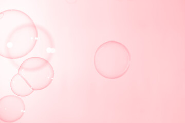 Refreshing of Soapsuds, Bubbles Water. Beautiful Transparent Pink Soap Bubbles Floating in The Air. Abstract Background, Pink Textured, Celebration Festive Romance Backdrop.