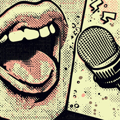 Mouth with microphone isolated. Lips collage in retro style. Vector illustration with vintage grunge punk element.