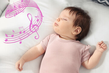 Lullaby songs. Cute little baby sleeping on bed. Illustration of flying music notes near child