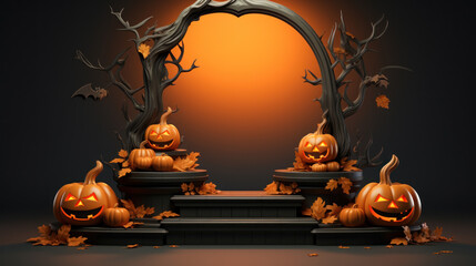 Halloween podium. Stand show and showcase with halloween concept. Stage With pumpkin for promo and discount. Happy halloween celebration holiday banner concepts. Generative AI