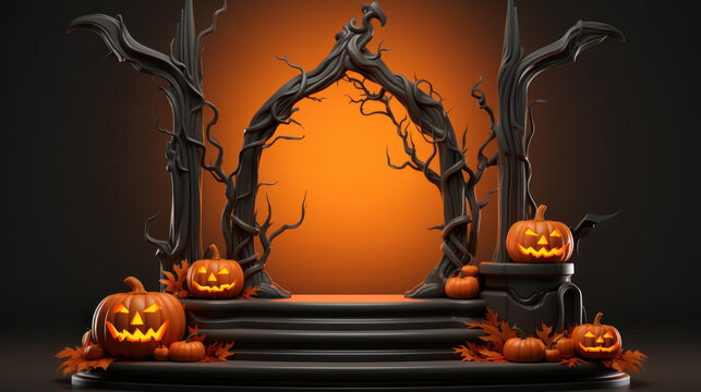 Halloween podium. Stand show and showcase with halloween concept. Stage With pumpkin for promo and discount. Happy halloween celebration holiday banner concepts. Generative AI