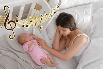 Lullaby songs. Mother and her baby sleeping at home. Illustration of flying music notes over woman...