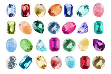 Set of different shiny gemstones for jeweler isolated on white