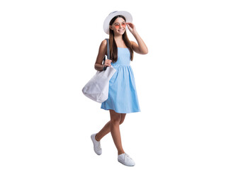 happy teen girl in beach style on background. photo of teen girl in beach style.