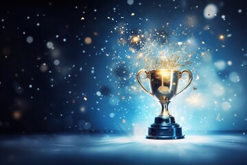 Generative AI, Winner trophy with flames, blue golden champion cup with falling confetti on blue background. - obrazy, fototapety, plakaty