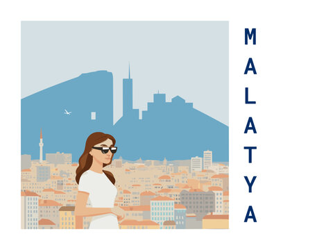 Square flat design tourism poster with a cityscape illustration of Malatya (Turkey)