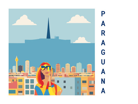 Square flat design tourism poster with a cityscape illustration of Paraguana (Venezuela)