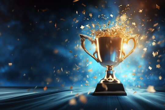 Generative AI, Winner trophy with flames, blue golden champion cup with falling confetti on blue background.