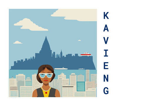 Square flat design tourism poster with a cityscape illustration of Kavieng (Papua New Guinea)