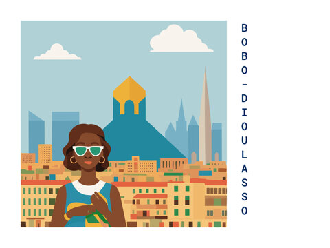 Square flat design tourism poster with a cityscape illustration of Bobo-dioulasso (Burkina Faso)