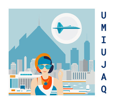 Square flat design tourism poster with a cityscape illustration of Umiujaq (Canada)