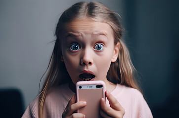 Frightened shocked little girl stands with her mouth open and looks away holding phone in her hands