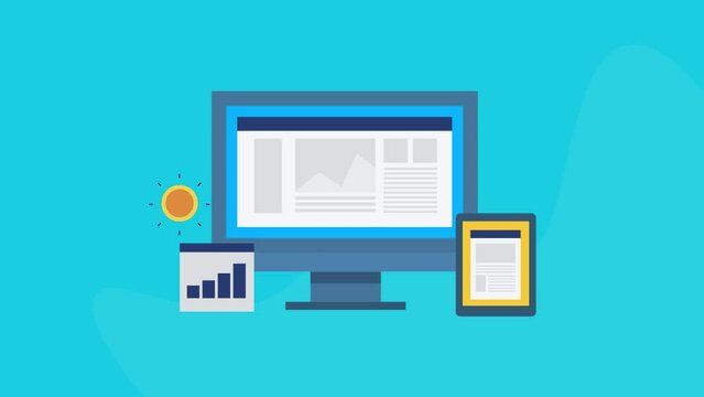 Digital display ads on computer and tablet device screen, ad network, native advertising paid media marketing, conceptual video animation.