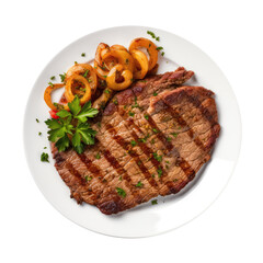 Bistec De Palomilla Thin Palomilla Steak Cuban Cuisine On White Plate On Isolated Transparent Background, Png