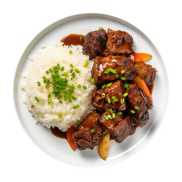 Adobo Filipino Cuisine On White Plate On Isolated Transparent Background, Png