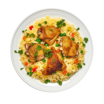 Arroz Imperial Chicken And Rice Casserole Cuban Cuisine On White Plate On Isolated Transparent Background, Png