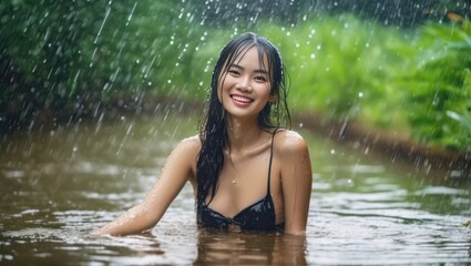 Portrait of beautiful erotic smiling wet asian woman in the water in the rain. Generative AI