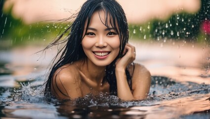 Fototapeta premium Portrait of beautiful erotic smiling wet asian woman in the water in the rain. Generative AI