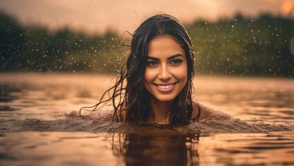Portrait of beautiful erotic smiling wet woman in the water in the rain. Generative AI