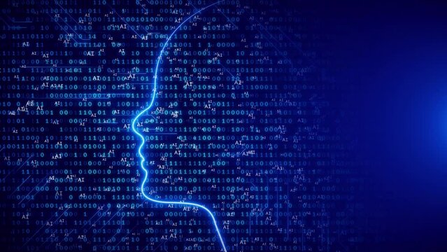 Future AI tech machine learning, face circuit board binary data flow background. cyber mind Human digital computing, robot revolution Big data, artificial intelligence Data mining, brain learning.
