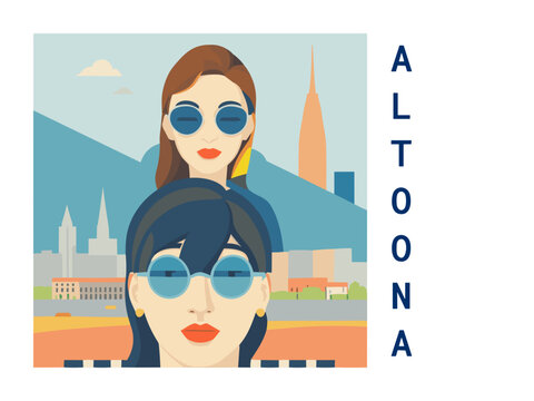 Square flat design tourism poster with a cityscape illustration of Altoona (United States)