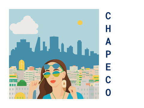 Square flat design tourism poster with a cityscape illustration of Chapeco (Brazil)