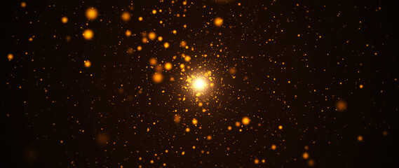 Fototapeta na wymiar Gold particles abstract background with shining golden particle stars dust. Beautiful futuristic glittering in space on black background.