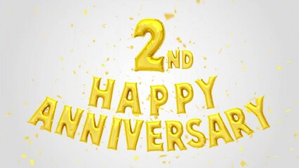 2nd Happy Anniversary Golden Balloons Text decoration glitter gold confetti on trendy background. birthday wishes, greeting card, invitation, Celebration, party, holiday, festive decoration concept