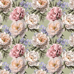 Beautiful seamless pattern with gentle hand drawn peony flowers. Floral stock illustration.