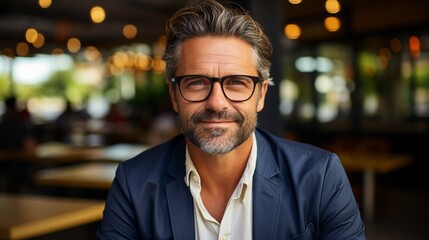 Obraz premium Businessman wearing glasses and smiling for the camera in a portrait.