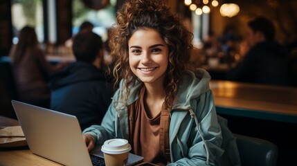 Businesswoman grinning at camera while holding laptop and takeaway beverage.
