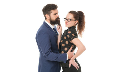 Obraz na płótnie Canvas Charm and flirting. Sexy business lady. Sexy woman flirt with bearded man. Boss fall in love with sexy secretary. Sexy couple relationship. Couple in love isolated on white. Romantic employees