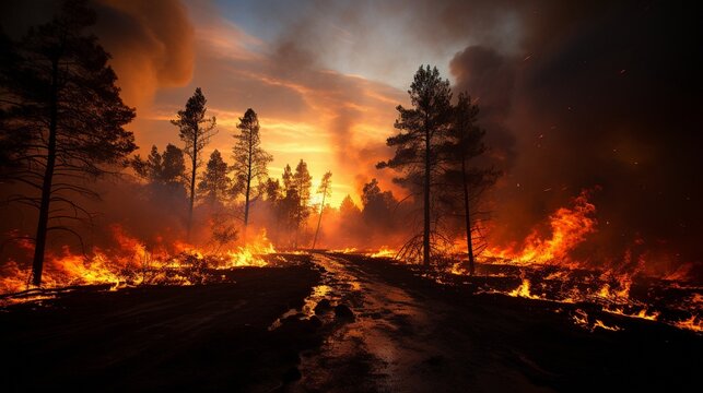 photographs of a forest fire. trees on fire, fire, and smoke.