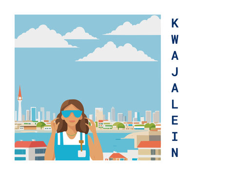 Square flat design tourism poster with a cityscape illustration of Kwajalein (Marshall Islands)