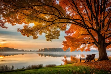 autumn landscape with lake by Generated with AI technology