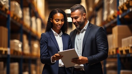 Using a smart tablet, the distribution warehouse manager and a client businesswoman check the stock on a shelf.