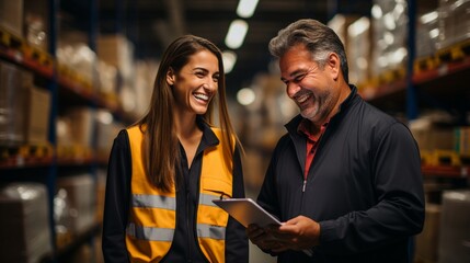 A worker holding a cardboard box is shown information by a female inventory manager on a tablet computer.