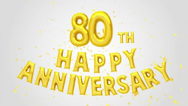 80th Happy Anniversary Golden Balloons Text decoration glitter gold confetti on trendy background. birthday wishes, greeting card, invitation, Celebration, party, holiday, festive decoration concept