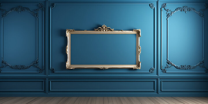 Antique art fair gallery frame on a royal blue museum or auction house wall