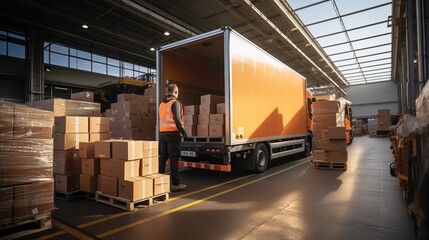With a female manager using a tablet computer, a worker loads cardboard boxes into a delivery truck in a logistics retail warehouse. Online purchases, orders, and