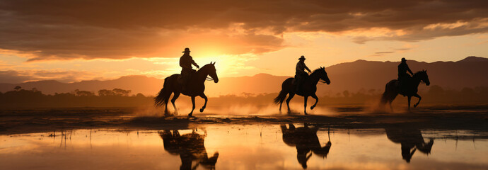 Australian Stock Horse riders riding in pairs silhouette  - obrazy, fototapety, plakaty