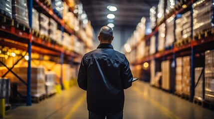 A female employee or supervisor checks the stock inventory on a digital tablet as part of a smart warehouse management system.